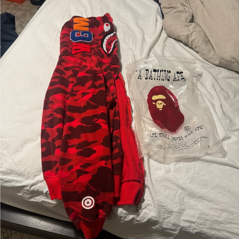 A Bathing Ape Red Camo Shark Hoodie